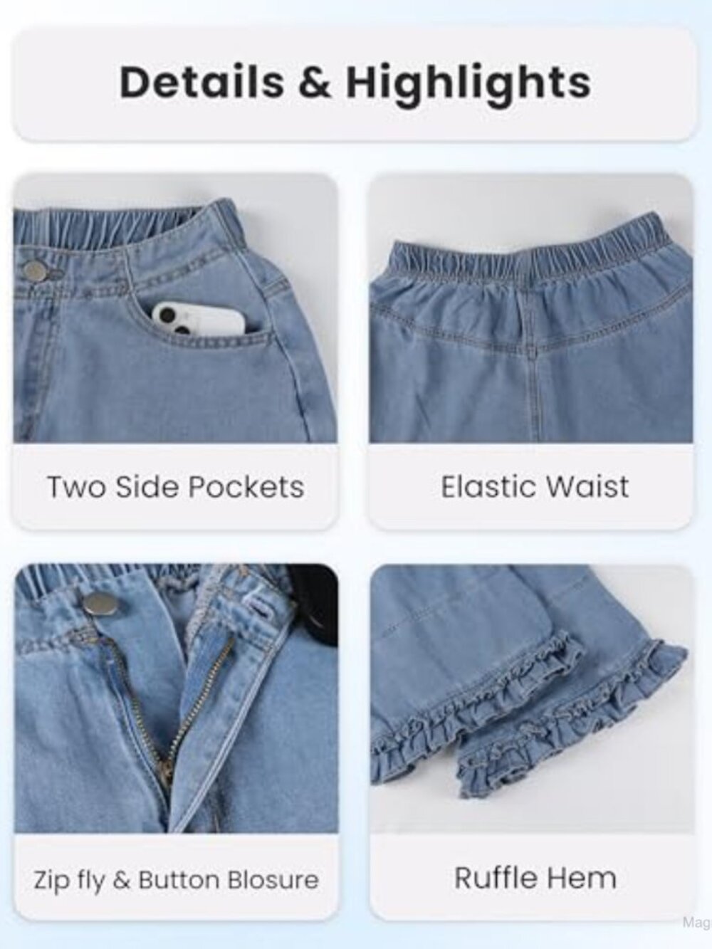 Mid Rise Wide Leg Ruffle Hem Cropped Jeans Pull-On Baggy Denim Pants - Picture 5 of 6